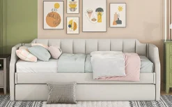Redom Lit 90x200 cm tapissé lin-coton beige avec sommier gigogne à roulettes, design moderne et élégant