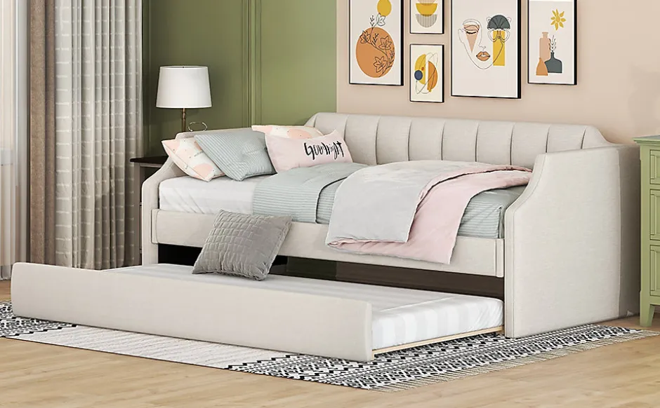 Redom Lit 90x200 cm tapissé lin-coton beige avec sommier gigogne à roulettes, design moderne et élégant