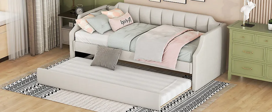 Redom Lit 90x200 cm tapissé lin-coton beige avec sommier gigogne à roulettes, design moderne et élégant