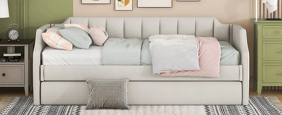 Redom Lit 90x200 cm tapissé lin-coton beige avec sommier gigogne à roulettes, design moderne et élégant