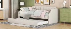 Redom Lit 90x200 cm tapissé lin-coton beige avec sommier gigogne à roulettes, design moderne et élégant