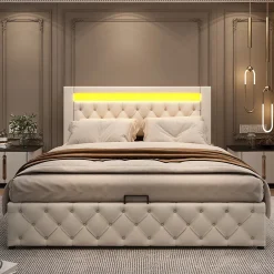 Redom Lit 140x200 cm tapissé PU blanc avec rangement intégré et tête de lit LED, design classique et contemporain Discount