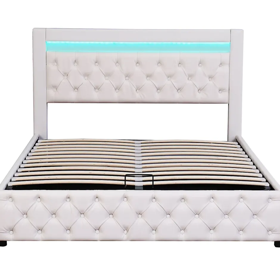 Redom Lit 140x200 cm tapissé PU blanc avec rangement intégré et tête de lit LED, design classique et contemporain Discount