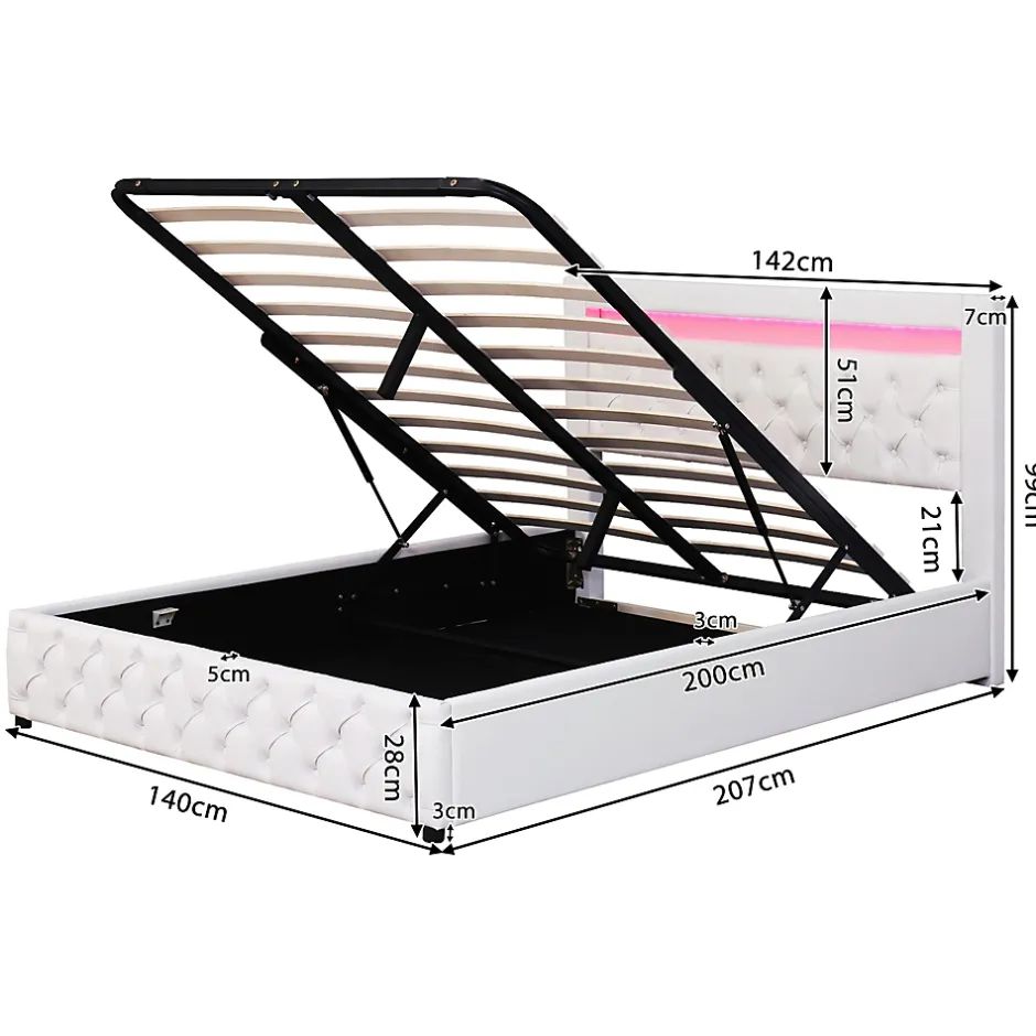 Redom Lit 140x200 cm tapissé PU blanc avec rangement intégré et tête de lit LED, design classique et contemporain Discount