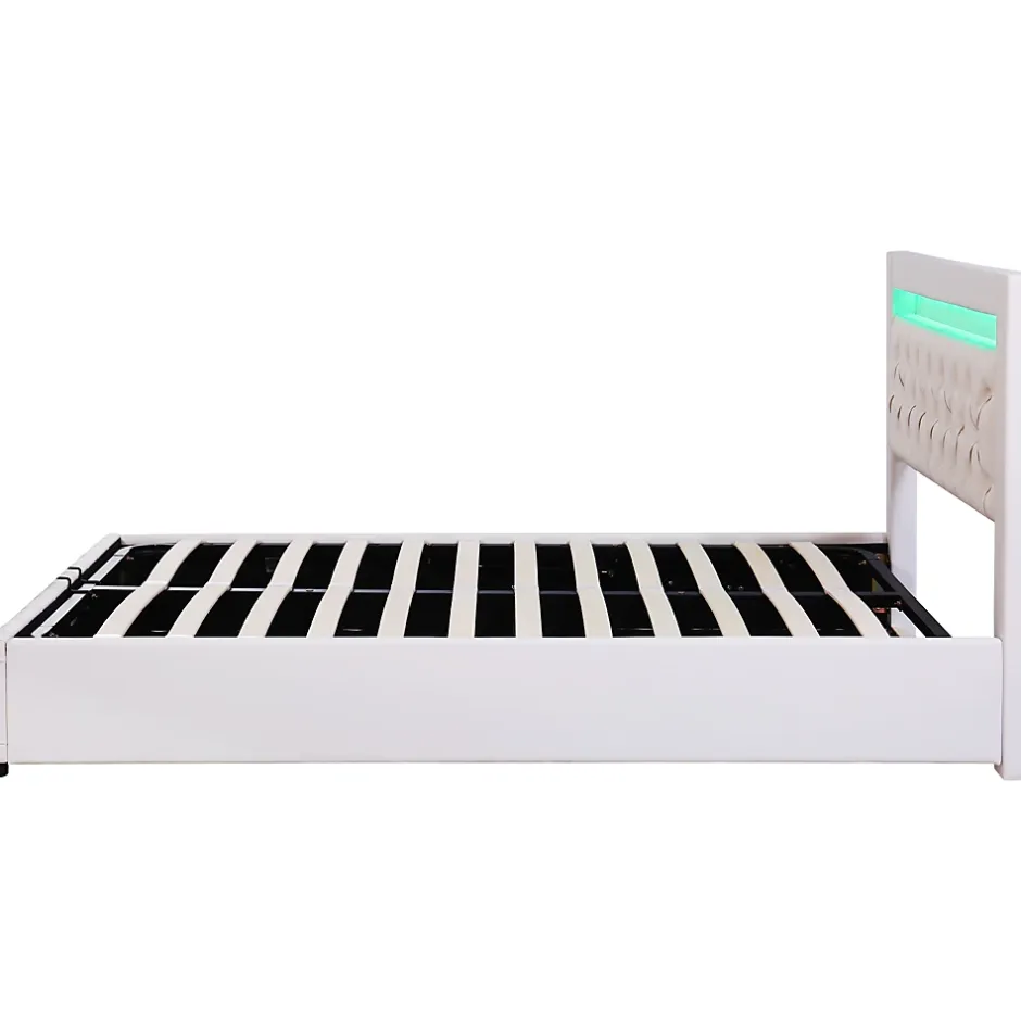 Redom Lit 140x200 cm tapissé PU blanc avec rangement intégré et tête de lit LED, design classique et contemporain Discount