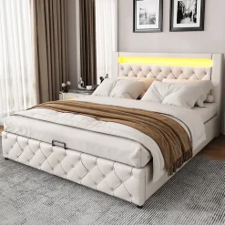Redom Lit 140x200 cm tapissé PU blanc avec rangement intégré et tête de lit LED, design classique et contemporain Discount