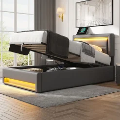 Redom Lit 160x190 cm tapissé PU gris avec éclairage LED et ports USB escamotables, rangement sous le lit