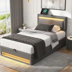 Redom Lit 160x190 cm tapissé PU gris avec éclairage LED et ports USB escamotables, rangement sous le lit