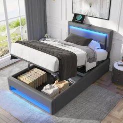 Redom Lit 160x190 cm tapissé PU gris avec éclairage LED et ports USB escamotables, rangement sous le lit