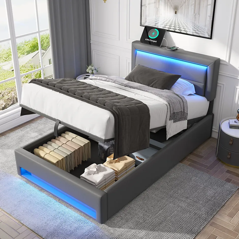 Redom Lit 160x190 cm tapissé PU gris avec éclairage LED et ports USB escamotables, rangement sous le lit