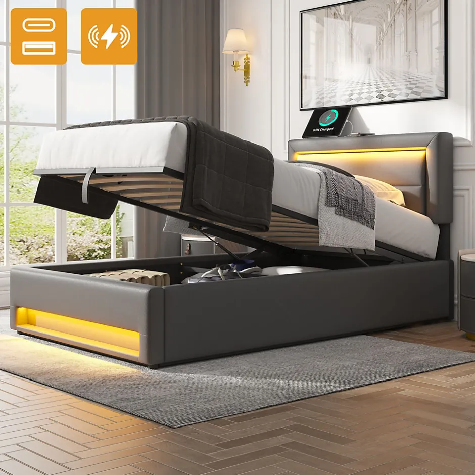 Redom Lit 160x190 cm tapissé PU gris avec éclairage LED et ports USB escamotables, rangement sous le lit