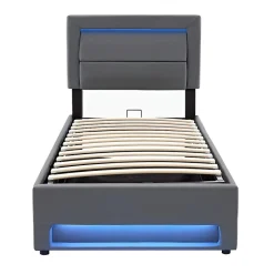 Redom Lit 160x190 cm tapissé PU gris avec éclairage LED et ports USB escamotables, rangement sous le lit