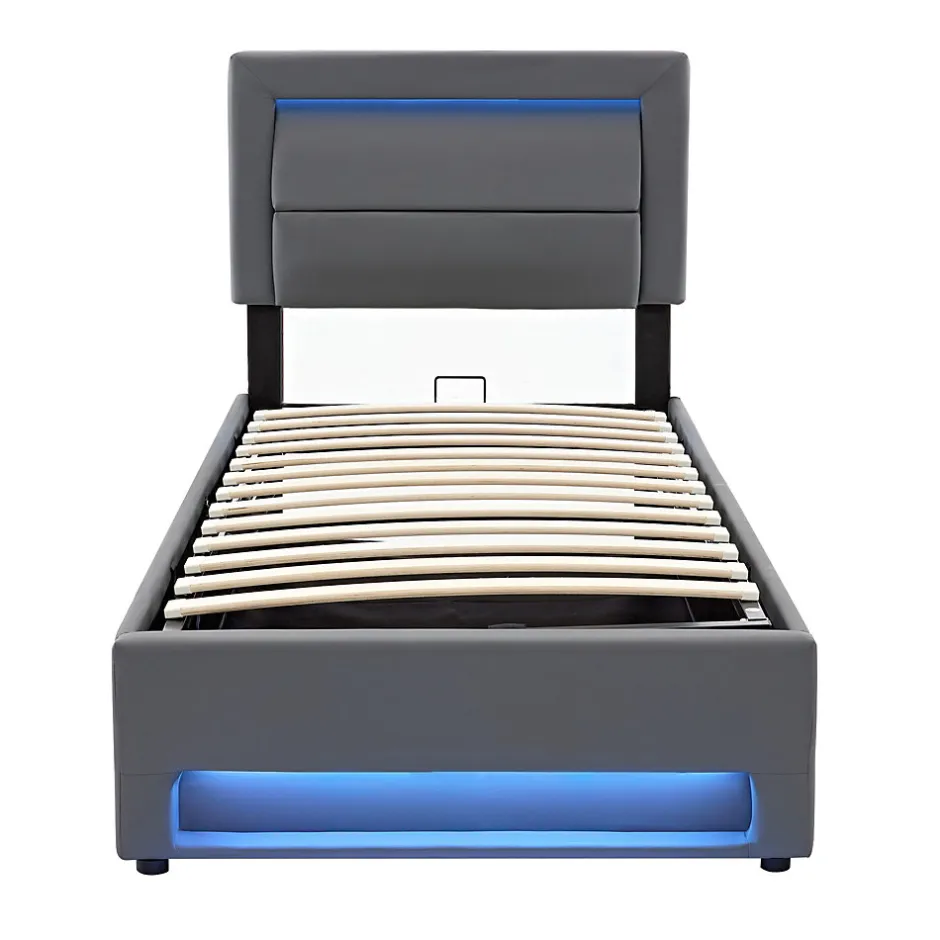 Redom Lit 160x190 cm tapissé PU gris avec éclairage LED et ports USB escamotables, rangement sous le lit