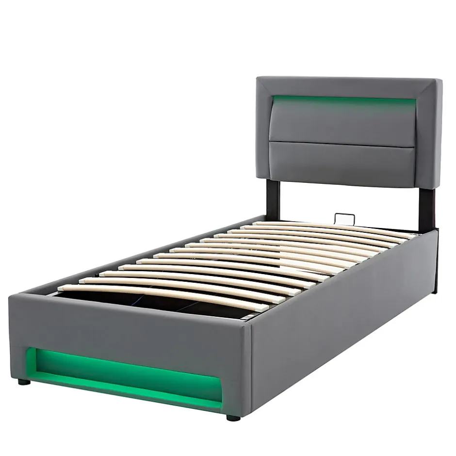 Redom Lit 160x190 cm tapissé PU gris avec éclairage LED et ports USB escamotables, rangement sous le lit