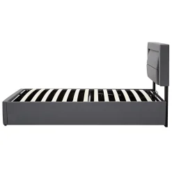 Redom Lit 160x190 cm tapissé PU gris avec éclairage LED et ports USB escamotables, rangement sous le lit