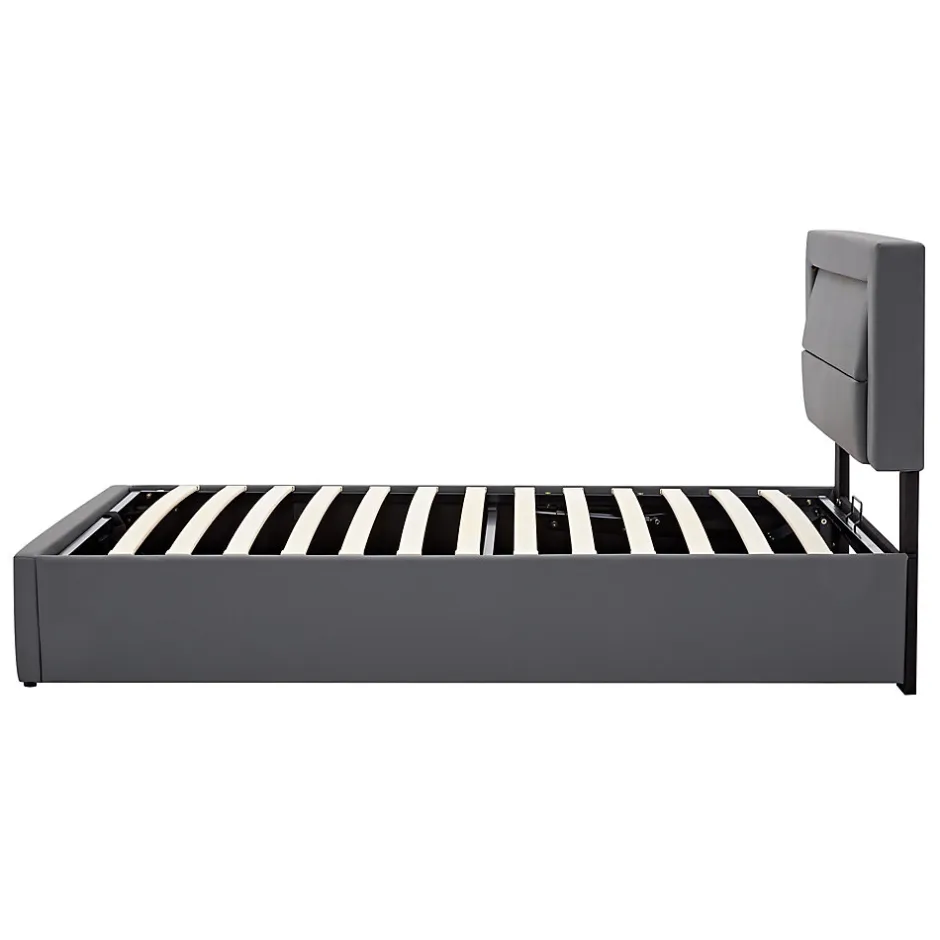 Redom Lit 160x190 cm tapissé PU gris avec éclairage LED et ports USB escamotables, rangement sous le lit