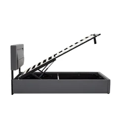 Redom Lit 160x190 cm tapissé PU gris avec éclairage LED et ports USB escamotables, rangement sous le lit