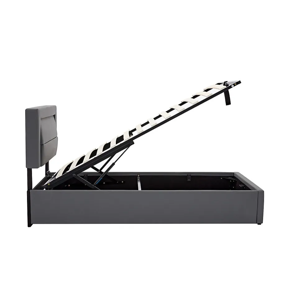 Redom Lit 160x190 cm tapissé PU gris avec éclairage LED et ports USB escamotables, rangement sous le lit