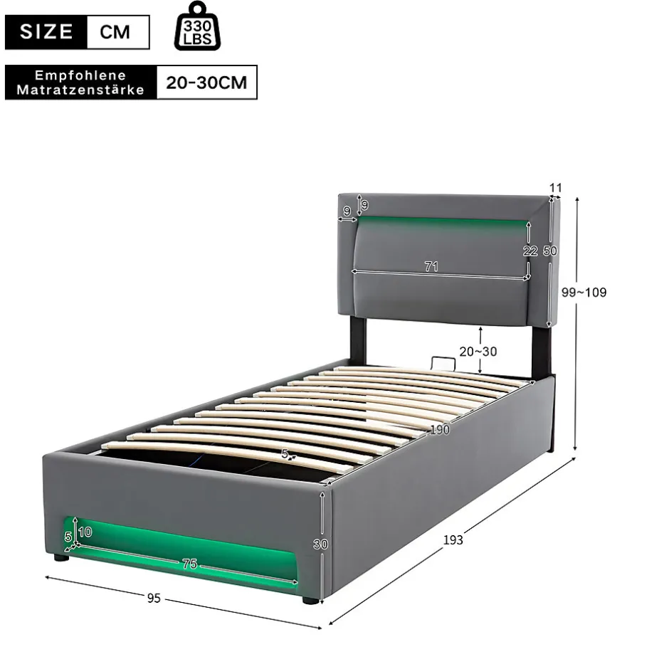 Redom Lit 160x190 cm tapissé PU gris avec éclairage LED et ports USB escamotables, rangement sous le lit