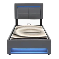 Redom Lit 90x200 cm tapissé PU gris avec éclairage LED, ports USB escamotables et rangement intégré Online