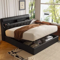 Redom Lit 140x200 cm tapissé PU noir avec tête de lit coffre et rangement hydraulique intégré, au design moderne Clearance