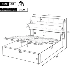 Redom Lit 140x200 cm tapissé PU noir avec tête de lit coffre et rangement hydraulique intégré, au design moderne Clearance