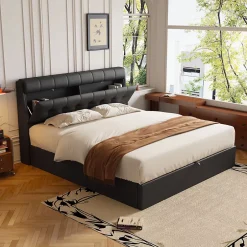 Redom Lit 140x200 cm tapissé PU noir avec tête de lit coffre et rangement hydraulique intégré, au design moderne Clearance