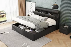 Redom Lit 140x200 cm tapissé PU noir avec tête de lit coffre et rangement hydraulique intégré, au design moderne Clearance