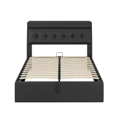 Redom Lit 140x200 cm tapissé PU noir avec tête de lit coffre et rangement hydraulique intégré, au design moderne Clearance