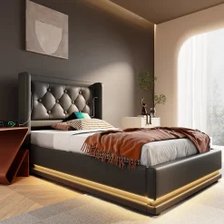 Redom Lit 90x200 cm tapissé PU noir avec coffre hydraulique et tête de lit rembourrée, port USB-C intégré