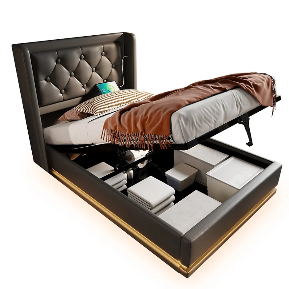 Redom Lit 90x200 cm tapissé PU noir avec coffre hydraulique et tête de lit rembourrée, port USB-C intégré