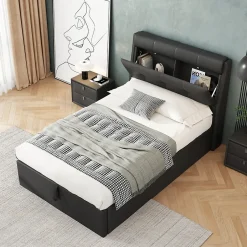 Redom Lit 90x200 cm tapissé PU noir avec coffre de rangement hydraulique, tête de lit coffre et sommier à lattes