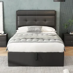 Redom Lit 90x200 cm tapissé PU noir avec coffre de rangement hydraulique, tête de lit coffre et sommier à lattes