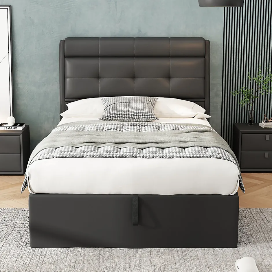 Redom Lit 90x200 cm tapissé PU noir avec coffre de rangement hydraulique, tête de lit coffre et sommier à lattes
