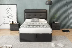 Redom Lit 90x200 cm tapissé PU noir avec coffre de rangement hydraulique, tête de lit coffre et sommier à lattes
