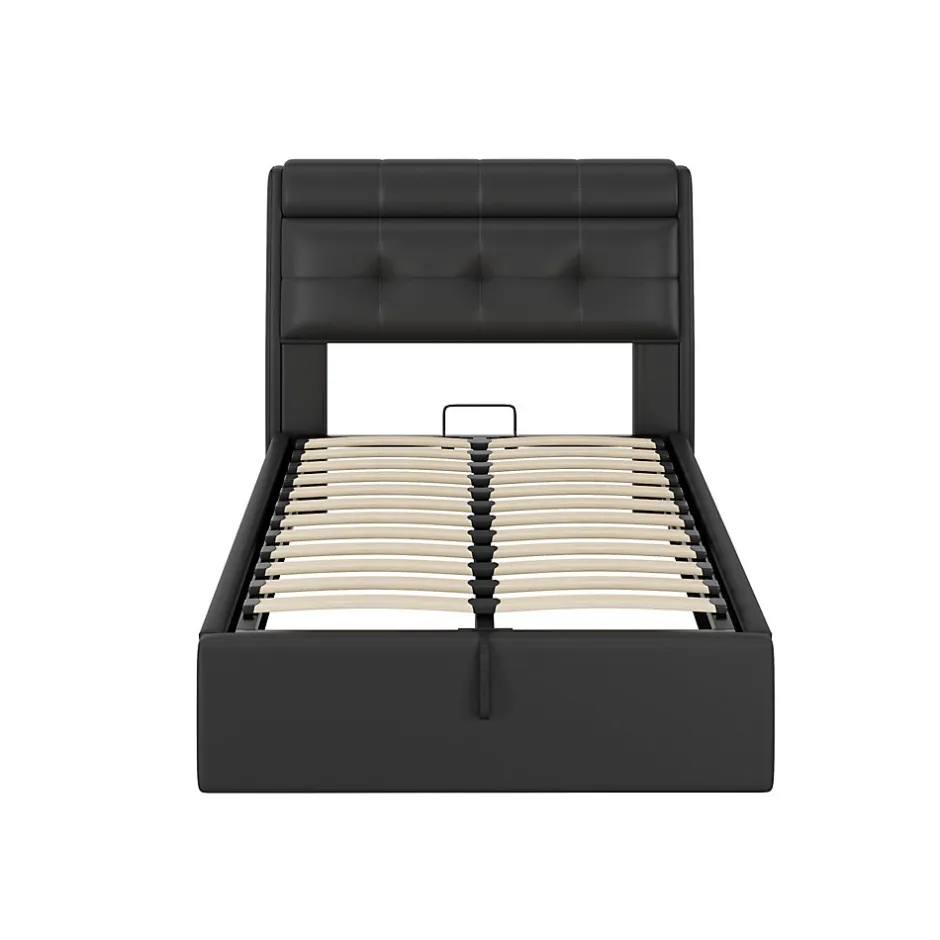 Redom Lit 90x200 cm tapissé PU noir avec coffre de rangement hydraulique, tête de lit coffre et sommier à lattes