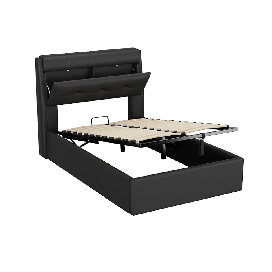 Redom Lit 90x200 cm tapissé PU noir avec coffre de rangement hydraulique, tête de lit coffre et sommier à lattes