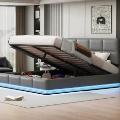 Redom Lit 180x200 cm tapissé similicuir gris ciment avec LED, coffre hydraulique et tête de lit réglable 91/101 cm
