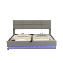 Redom Lit 180x200 cm tapissé similicuir gris ciment avec LED, coffre hydraulique et tête de lit réglable 91/101 cm