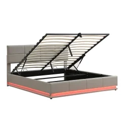 Redom Lit 180x200 cm tapissé similicuir gris ciment avec LED, coffre hydraulique et tête de lit réglable 91/101 cm