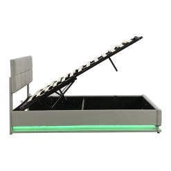 Redom Lit 180x200 cm tapissé similicuir gris ciment avec LED, coffre hydraulique et tête de lit réglable 91/101 cm