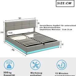 Redom Lit 180x200 cm tapissé similicuir gris ciment avec LED, coffre hydraulique et tête de lit réglable 91/101 cm