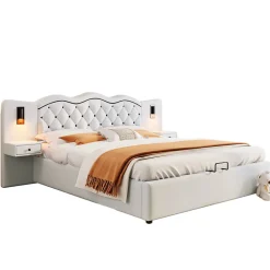 Redom Lit 180x200 cm tapissé tissu effet lin beige avec tête de lit intégrée, coffre hydraulique et prises USB