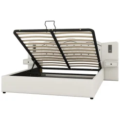 Redom Lit 180x200 cm tapissé tissu effet lin beige avec tête de lit intégrée, coffre hydraulique et prises USB