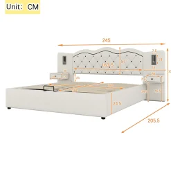 Redom Lit 180x200 cm tapissé tissu effet lin beige avec tête de lit intégrée, coffre hydraulique et prises USB