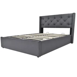 Redom Lit 160x200 cm tapissé tissu gris avec coffre de rangement, tête de lit capitonnée et structure bois/métal