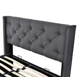 Redom Lit 160x200 cm tapissé tissu gris avec coffre de rangement, tête de lit capitonnée et structure bois/métal