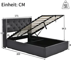 Redom Lit 160x200 cm tapissé tissu gris avec coffre de rangement, tête de lit capitonnée et structure bois/métal
