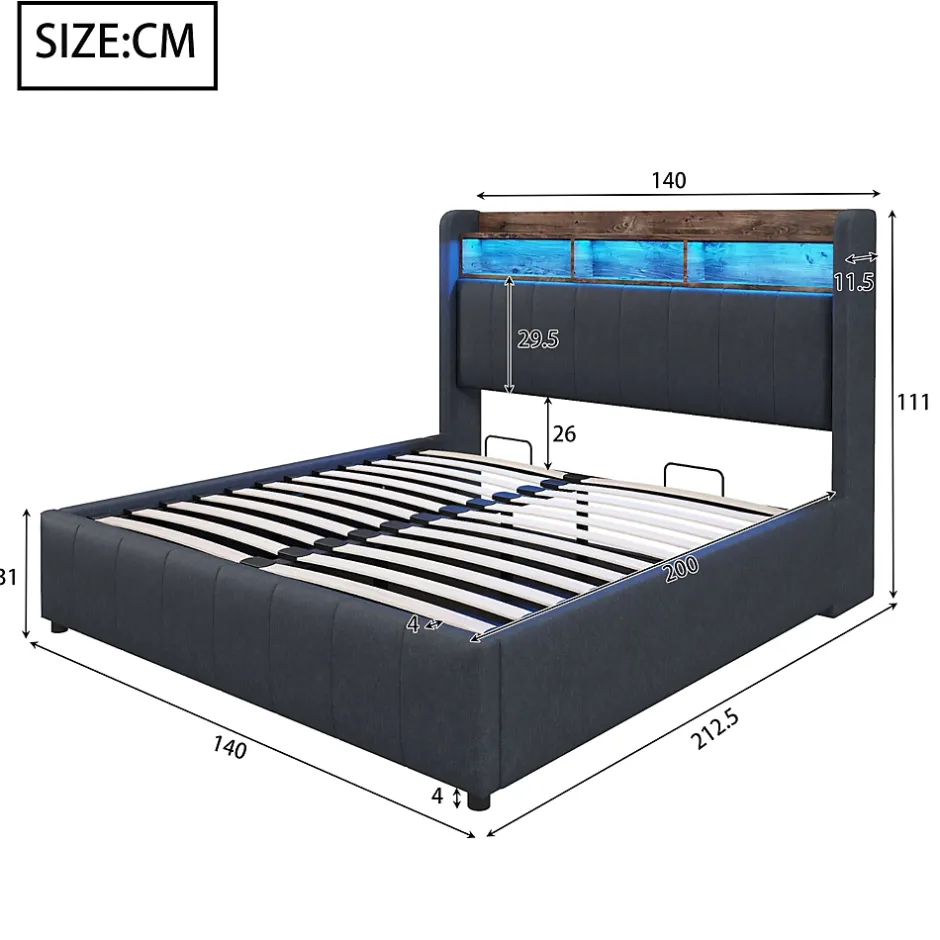 Redom Lit 140x200 cm tapissé tissu lin gris avec rangement hydraulique, tête de lit à LED changeantes et ports USB Best