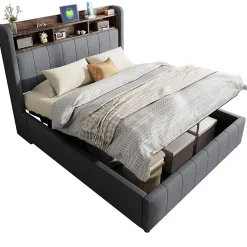 Redom Lit 140x200 cm tapissé tissu lin gris avec rangement hydraulique, tête de lit à LED changeantes et ports USB Best